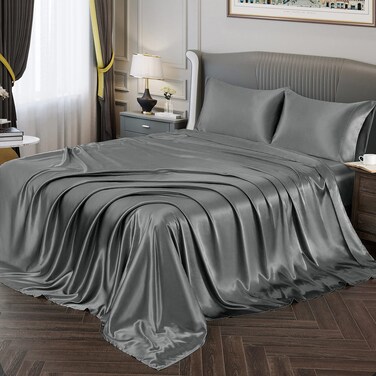 Vonty Satin Sheets Queen Size Silky Soft Satin Bed Sheets Grey Satin Sheet Set, 1 Deep Pocket Fitted Sheet + 1 Flat Sheet + 2 Pillowcases
