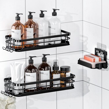 Getsrichfc Corner Shower Caddy 3 Pack, Large Size Shower Shelves with Soap Holder Adhesiveand 4 N-Shaped Hook, Rustproof Stainless Steel Bathroom Accessories Organizer, No Drilling Wall Mounted Rack