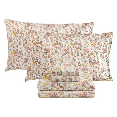 Viviland Floral Queen Sheet Set - 4 Piece Vintage Pink &amp; Yellow Flower Patterned Bed Sheets - Soft, Breathable Microfiber Sheets with Deep Pocket, Non-Slip Fitted Sheets &amp; Pillowcases