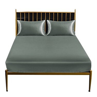 Thmyo 3-Piece Satin Bedding Set,Satin Fitted Sheet with Pillowcases,Soft Comfort Hypoallergenic Breathable Bedding Set (1 Fitted Sheet+2 Pillowcases) (Silver grey, Full)