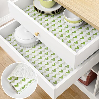 Sevalo Drawer Shelf Liners for Kitchen Cabinets Non Adhesive, 12in &Atilde;&mdash;23.6FT Cabinet Liners for Shelves Non Slip Drawer Liner, Shelf Paper Cupboard Mat Liner Bathroom Waterproof Strong Grip Green Heart