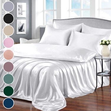 Homiest 7pcs Satin Sheets Queen Size Bed Set Satin Sheet Set, White Bed Sheets Luxury Silky Satin Bedding Set, 1 Deep Pocket Fitted Sheet, 1 Soft Flat Sheet, 4 Pillowcases, 1 Body Pillowcase