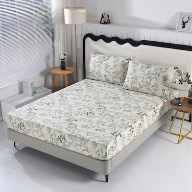 SDIII 3PCS Leaves Floral Full Fitted Sheet Set, 1 Full Fitted Sheet and 2 Pillowcase, Excluding Flat Sheet, Microfiber Botanical Floral Full Sheet Set