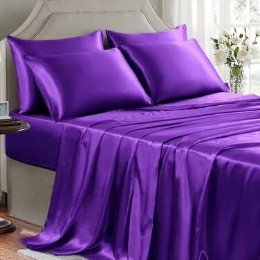 GOLAL Satin Sheets Queen Size - 6 Pieces Luxury Silky Soft Bed Sheets, Wrinkle-Free Dark Purple Satin Silk Sheet Set with 1 Deep Pocket Fitted Sheet, 1 Flat Sheet, 4 Pillow Cases