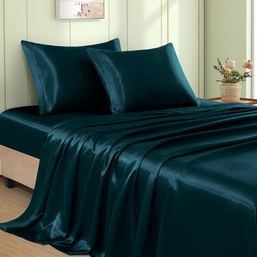 VACVELT 4pcs Dark Teal Satin Sheets King Size Bed Set, 15 Inch Deep Pocket Silky Satin Sheet Set, Soft Satin Bedding Set Cooling &amp; Luxury Bed Sheets, 1 Fitted Sheet + 1 Flat Sheet + 2 Pillowcases