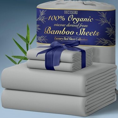 DECOLURE 100% Organic Viscose Derived from Bamboo Sheets Queen Size 4pcs - Ultra Soft &amp; Luxuriously Cooling, 17" Deep Pocket, Double Stitching, Perfect for Hot Sleepers - Queen Bed Sheets (Light Grey)