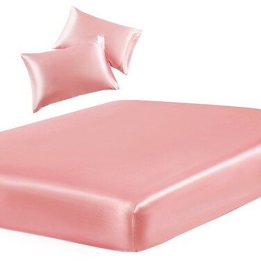 SiinvdaBZX 3-Piece Set Satin King Fitted Sheet &amp; 2 Pillowcase, Blush Pink Silky Soft Fitted Bottom Sheet, Wrinkle Free, Fade Resistant, Deep Pocket Bed Sheet (Deep Up to 15")