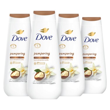 Dove Body Wash 4 Count Pampering Shea Butter &amp; Vanilla for Renewed, Healthy-Looking Skin Gentle Skin Cleanser with 24hr Renewing MicroMoisture 20 oz