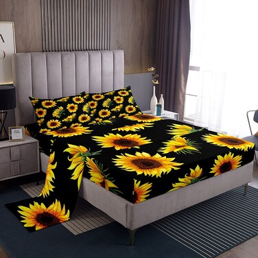 Feelyou Yellow Flowers Bed Sheet Set Sunflower Fitted Sheet Botanical Floral Sheet Set Queen Size Bedding 1 Flat Sheet &amp; 1 Sheet with 2 Pillowcases Black