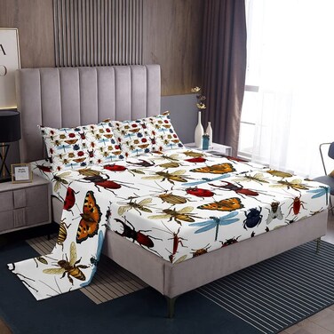 Feelyou Insects Bed Sheet Bee Butterfly Dragonfly Ladybug Sheet Set Entomological Bedding Set 1 Fitted Sheet &amp; 1 Flat Sheet &amp; 1 Pillowcase
