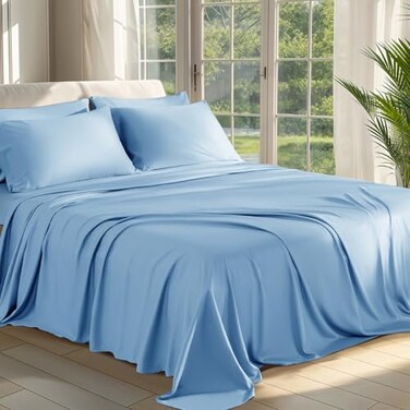 Shilucheng 100% Viscose Derived from Bamboo_ Sheets Queen Size 6pcs - Ultra Cooling &amp; Silky Soft Bed Sheets, 16" Deep Pocket, Perfect for Hot Sleepers, Hotel Bedding Sheets (Lake Blue)