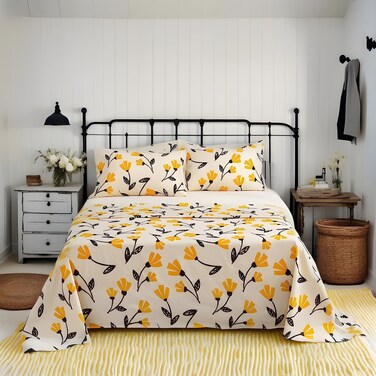DaDa Bedding Farmhouse Yellow Fleur Floral Fitted and Flat Bed Sheets Set - Golden Orange Spring Time Tulip Flowers - Neutral Ivory Cream Background - King Size - 4-Pieces [ Upgraded ]