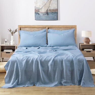 S VICTORY SYMBOL 100% Organic Linen Sheets Set Queen Size,GOTS Certified French Flax Bed Sheets Set 4Pcs(1 Flat Sheet&amp;1 Fitted Sheet&amp;2 Pillowcases Natural Linen Bedding-Sky Blue
