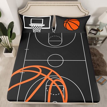 Basketball Court Print Fitted Sheet,Ball Sports Games Themed Bedding Set All-Round Elastic Deep Pocket,Orange Basketball and Hoop Breathable Luxury Bed Sheet ( 1 Fitted + 2 Pillowcases), Queen Size