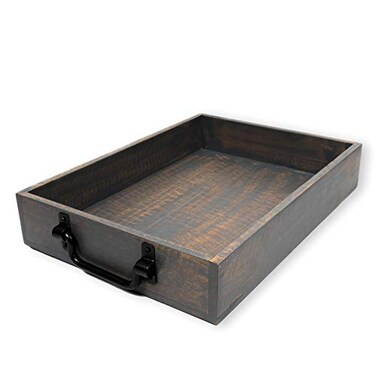 GoCraft Handmade Wooden Tray with Metal Handles   Decorative Serving Trays for Breakfast in Bed, Lunch, Dinner, Appetizers, Patio, Ottoman, Coffee Table, Party   Grey Washed Finish (15" X 11" x 2.5")