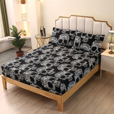 SDIII 3PCS Floral Skull Fitted Sheet Set Twin, 1 Fitted Sheet and 2 Pillowcases, Excluding Flat Sheet, Microfiber Goth Skull Sheet Twin for Halloween