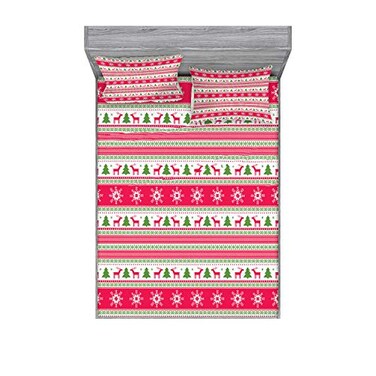 Ambesonne Nordic Fitted Sheet &amp; Pillow Sham Set, Classical Reindeers Snowflakes Trees Christmas Pattern Needlework Design, Decorative Printed 3 Piece Bedding Decor Set, Queen, Pink Lime Green White