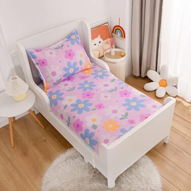 KWLOVER 2PC Soft Bed Fitted Sheet and Pillowcases Set,Pink Purple Flower Printed Sheets for Kids Full Size Bed (Purple, Full)