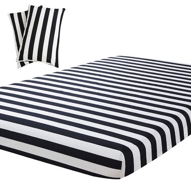 Vaulia Black and White Stripe Print Pattern, Soft Microfiber Queen Size Sheets, 3-Piece Set (1 Fitted Sheet 2 Pillowcases)