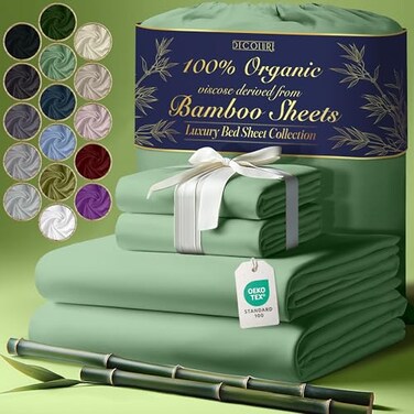 DECOLURE 100% Organic Viscose Derived from Bamboo Sheets Twin Size 4pcs - Ultra Soft &amp; Luxuriously Cooling, 17" Deep Pocket, Double Stitching, Perfect for Hot Sleepers - Twin Bed Sheets (Sage Green)