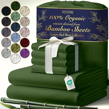 DECOLURE 100% Organic Viscose Derived from Bamboo Sheets King Size 6pcs - Ultra Soft &amp; Luxuriously Cooling, 17" Deep Pocket, Double Stitching, Perfect for Hot Sleepers - King Bed Sheets (Olive)