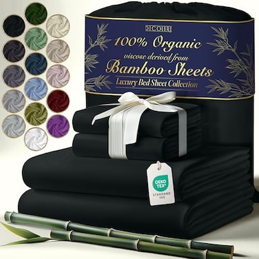 DECOLURE 100% Organic Viscose Derived from Bamboo Sheets King Size 6pcs - Ultra Soft &amp; Luxuriously Cooling, 17" Deep Pocket, Double Stitching, Perfect for Hot Sleepers - King Bed Sheets (Black)