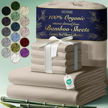 DECOLURE 100% Organic Viscose Derived from Bamboo Sheets Queen Size 6pcs - Ultra Soft &amp; Luxuriously Cooling, 17" Deep Pocket, Double Stitching, Perfect for Hot Sleepers - Queen Bed Sheets (Taupe)