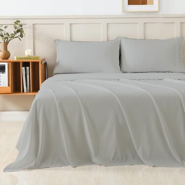 eBeddy Linens Full XL Size Sheet Set Certified 800 TC Long Staple Cotton Hotel Bed Sheets Set Sateen Weave - Extra Durable Crisp 4-Pieces Bedding Sets Elasticized Deep Pocket, Silver Grey Solid