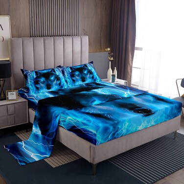 Wolf Bed Sheet Set Safari Animal Bedding Sheets Cool Wildlife Style Fitted Sheet for Boys Girls Kids Bedroom Decor Glitter Blue Wild Wolf Bed Cover With 1 Flat Sheet+ 1 Fitted Sheet+ 2 Pillowcase Full