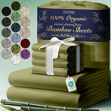 DECOLURE 100% Organic Viscose Derived from Bamboo Sheets Queen Size 6pcs - Ultra Soft &amp; Luxuriously Cooling, 17" Deep Pocket, Double Stitching,Perfect for Hot Sleepers - Queen Bed Sheets (Light Olive)