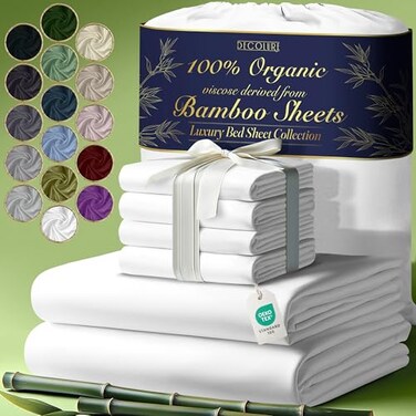 DECOLURE 100% Organic Viscose Derived from Bamboo Sheets Full Size 6pcs - Ultra Soft &amp; Luxuriously Cooling, 17" Deep Pocket, Double Stitching, Perfect for Hot Sleepers - Full Bed Sheets (White)