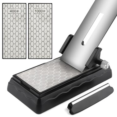 Diamond Sharpening Stones with Honing Guide, Kalolary Knife Sharpener Stone with Non-Slip Base for Chisels Planes Sharpening Stone Set Fine/Coarse Diamond Sharpening Plate with Angle Guide (400/1000)