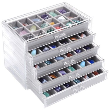 Misdary 90 Grid Rock Display Case Clear Acrylic Collection Box for Kids 5 Drawers Velvet Insert Rock Storage Box Display Cases for Collectibles Crystal Display Shadow Boxes Display Cases (Gray)