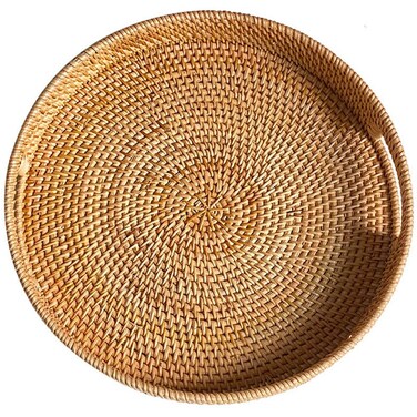 Round Rattan Tray, Hand Woven Serving Tray with Handles, Wicker Serving Basket, Decorative Tray for Home Decor (Natural, Large)