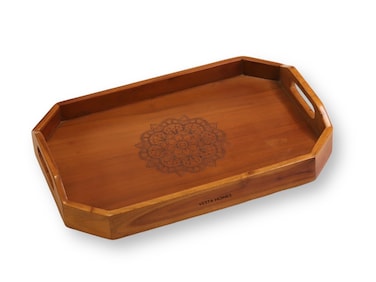 Vesta Homes Extra Large Wooden Serving Tray for Home, Kitchen, Breakfast, Restaurant, Office Organizer, Dining Table   Premium Acacia Wood  18 * 12 * 3 Inches   Handcrafted in India