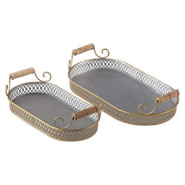SOFE Oval Metal Gold Decorative Tray with Handles, Breakfast Food Trays Set of 2, Modern Farmhouse Serving Tray for Coffee Table, Ottoman, Perfume/Vanity Trays for Bedroom Dresser, Home Decor Tray