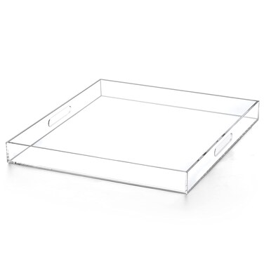 ATOZONE Extra Large Clear Modern Acrylic Ottoman Tray with Cutout Handles 22x22 Inch Over-Sized Serving Tray Organizer Boot Tray Decorative Tray for Living Room Bedroom Entryway and Kitchen Tabletop