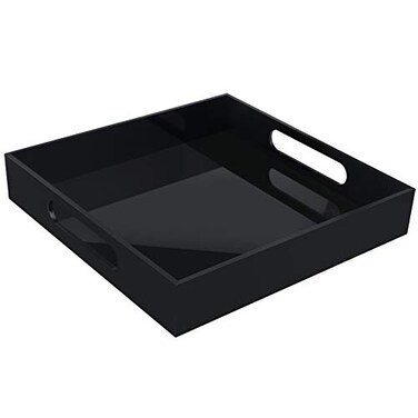 Tasybox Acrylic Serving Tray, Black Decorative Serving Trays with Handles for Kitchen Dining Room Table Ottoman Vanity Countertop 12" x 12
