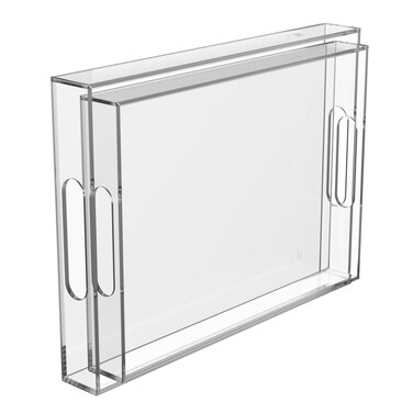HLF-ho Serving Tray 16"x12" Acrylic Serving Trays with Handle Clear Decorative Serving Platter for Appetizer, Food, Breakfast in Kitchen, Coffee Table, Bed, Living Room, 2 Pack