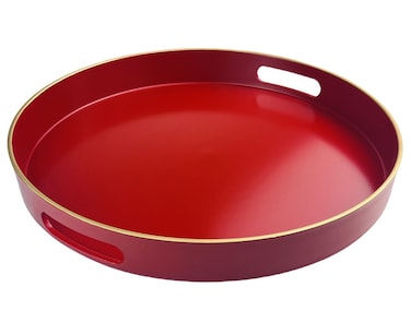 UOEKCS Red Decorative Tray, Serving Tray with Handles, Round Decorative Tray for Coffee Table, 13 Inch Plastic Tray for Ottoman, Living Room, Bathroom, Home Decor.