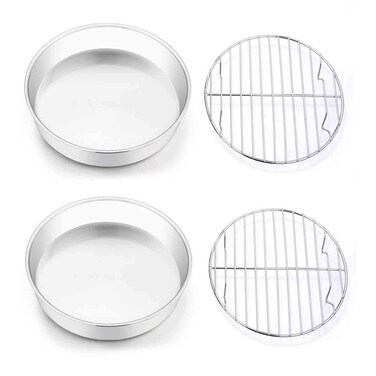 TeamFar 8 Inch Cake Pan and Rack Set of 4, Stainless Steel Round Tier Cake Pans, for Baking Cooling Steaming, Fit in Oven, Pot, Pressure Cooker, Healthy &amp; Mirror Finish, Dishwasher Safe