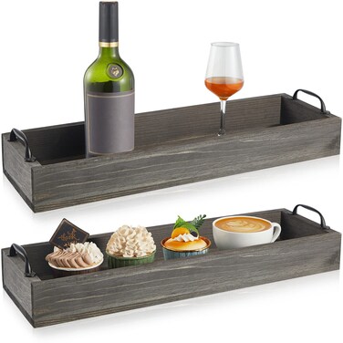 Maitys Rustic Wooden Serving Trays, 2 Pack, Gray, Rectangular, Wood, 40.8 x 13 x 4.8 cm, Suitable for Serving Snacks, Coffee, Wine, Dessert, Display Flowers and Decorations