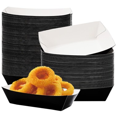 Whaline 100Pcs Disposable Paper Food Trays Black White 1lb-Grease-Resistant Paper Food Serving Boats for Appetizers Carnival Concession Stand Supplies French Fry Holder Snacks