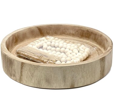 12.6" Wooden Round Hand-Carved Tray and A Wood Bead Tassel String Decorative Centerpiece Paulownia Real Wood Serving Trays Wedding Farmhouse Decoration,Natural