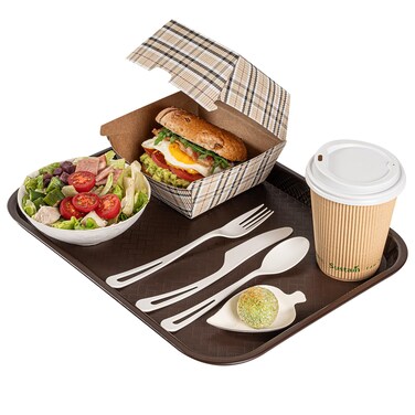 Restaurantware RW Base 10 x 14 Inch Fast Food Tray 1 Sturdy Cafeteria Lunch Tray - Lightweight No Slip Brown Plastic Serving Tray Rounded Corners For Restaurants Or Dinner Service