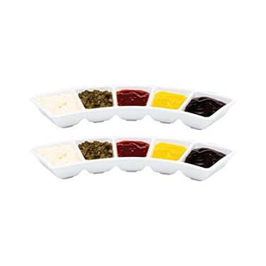 Vikko Serving Tray, 5 Section Porcelain Circular Serving Platter, Pack of 2, 10 Inch Small White Serving Dish for Entertaining, Condiments, Candies, Charcuterie, Snack