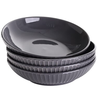 bestone Ceramic Pasta Bowl Set, For Soups and Salads, Serving Bowls, Large Capacity, Microwave &amp; Dishwasher Safe, Set of 4, Embossed Strip Serving Bowls&iuml;&frac14;&OElig;40 oz&iuml;&frac14;&OElig;Gray