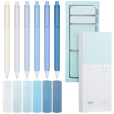 Resurhang Aesthetic Stationery Set Supplies Sticky Notes Set 6 Mini Correction Tapes 6 Retractable Black Ink Pens 0.5mm Fine Point Paper Corrective Pen Self Stick Index Tabs(Blue)