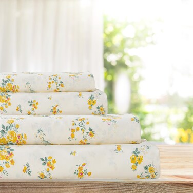 La Sheer 100% Cotton Percale Sheets for King Size Bed - 14 Inches Deep Pocket Perfect Fitting - Crispy Cool &amp; Comfortable - Yellow Floral (4 Piece Bed Sheets)