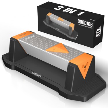 Goodjob Diamond Sharpening Stone 3 Side Grit 400/1000/8000 Premium Industrial Diamond &amp; Ceramic Whetstone Knife Sharpener Suitable for Steel of any Hardness with Angle Guide and Non-Slip Base